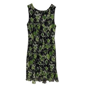 Jessica Green and Black Floral Sleeveless Midi Dress Ruffled Hemline Scoop Neck